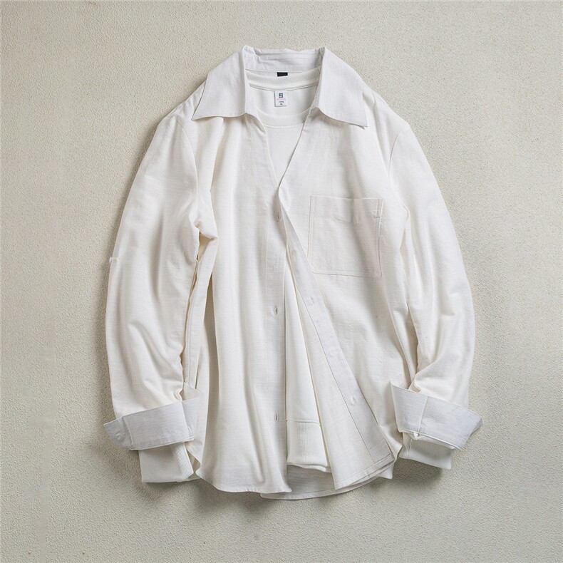 B413-1-DX6156白色V领老钱衬衫气质宽松慵懒感亚麻长袖休闲衬衣服，男装衬衫，电商B413-1