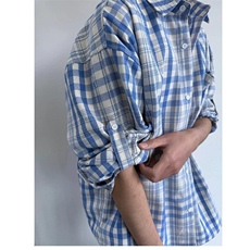 春夏薄款男女情侣纯棉衬衫宽松复古休闲薄款绿格子长袖衬衣防晒衣，男装衬衫，星座506A