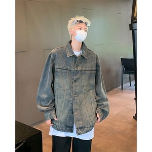 复古做旧蓝色牛仔外套男早秋穿搭休闲宽松痞帅工装夹克水洗牛仔衣图片