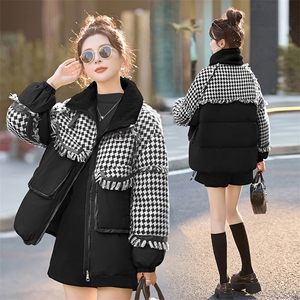 短款羽绒服女2024冬季新款高级感超好看拼接格子保暖白鸭绒厚外套图片
