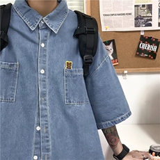 高街工装牛仔短袖衬衫男士夏季炸街情侣五分袖中性衬衣CS1352-p45，男装衬衫，星座1008