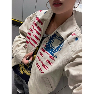 W10544-P73 网图现货 美式复古旗帜印花短款开衫夹克外套 高品质图片