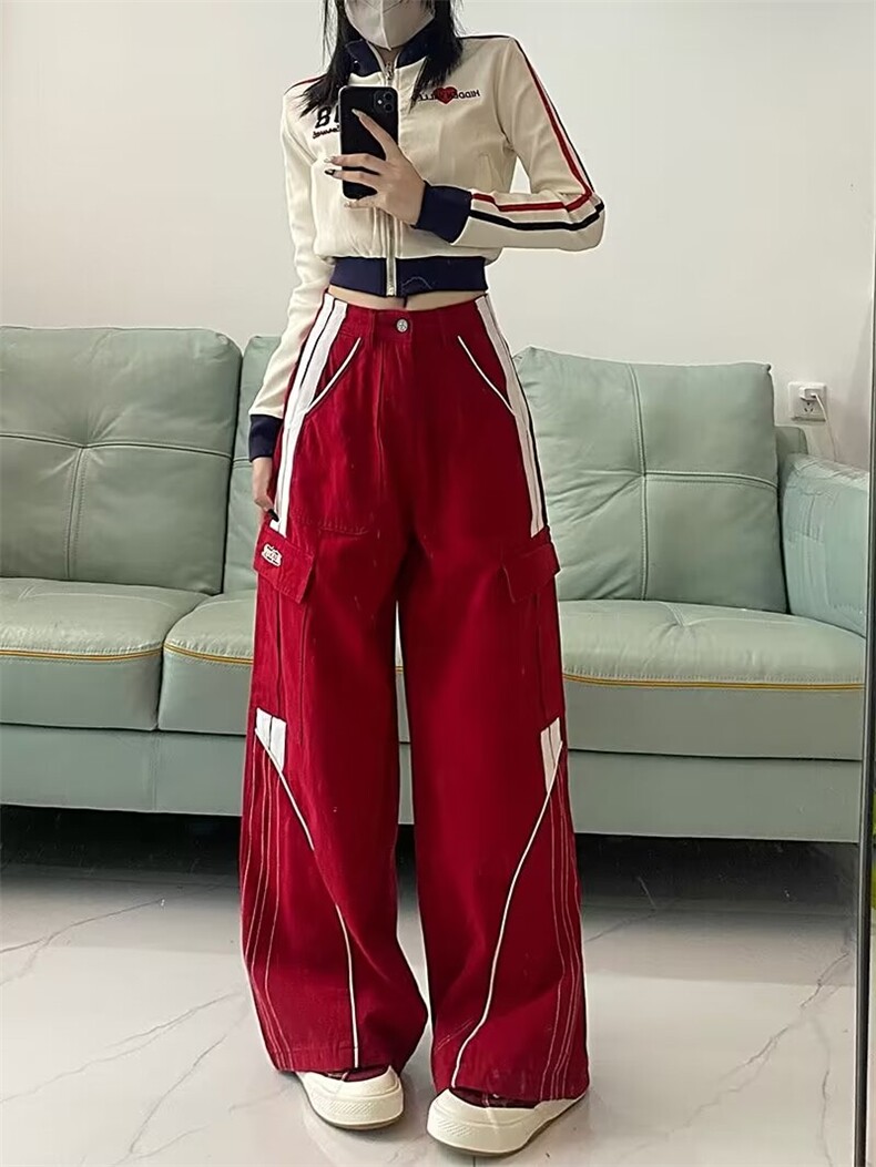 美式复古阔腿拼色休闲裤男女秋季潮流潮牌垂坠慵懒风长裤子P68图片