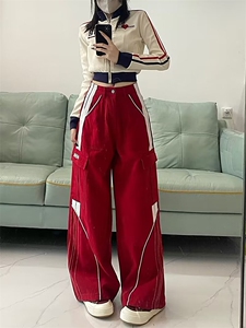美式复古阔腿拼色休闲裤男女秋季潮流潮牌垂坠慵懒风长裤子P68图片