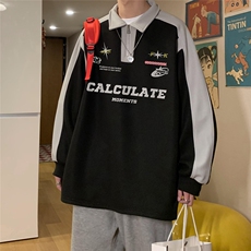 港风民宿机车风印花宽松插肩袖翻领卫衣B87401P55控78，男装卫衣，电商A247