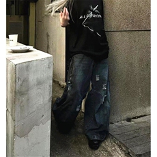 水洗直筒破洞倒装牛仔裤男设计感宽松休闲阔腿脏脏裤裤子N611，男装牛仔裤，星座1116A（原606A-3）