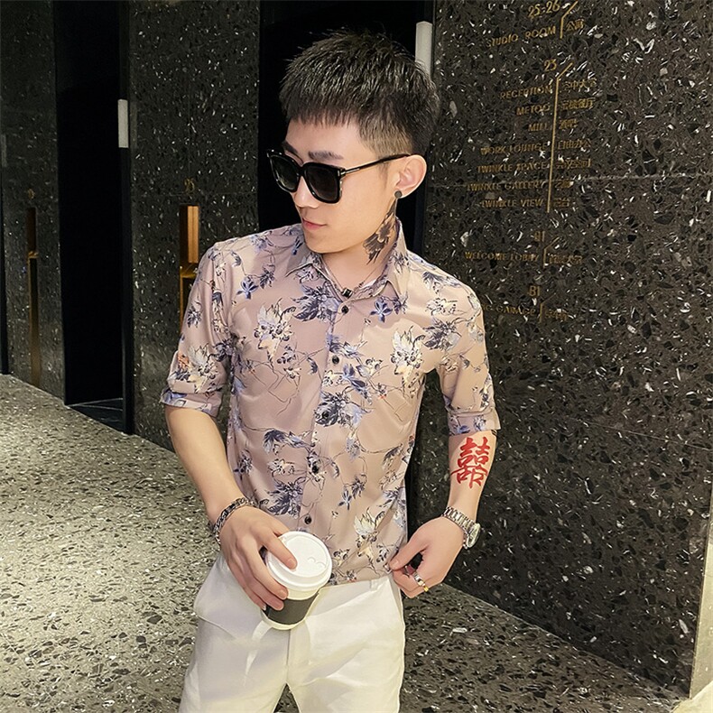 312A-191-P55新款社会小伙中袖衬衫韩版潮流男士五分袖衬衣A,男装T恤,星座312A-5
