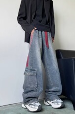 三条杠工装牛仔裤男女高街美式宽松直筒休闲小众设计感裤子潮长裤，男装牛仔裤，星座302B-2
