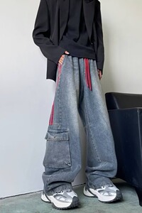 三条杠工装牛仔裤男女高街美式宽松直筒休闲小众设计感裤子潮长裤图片