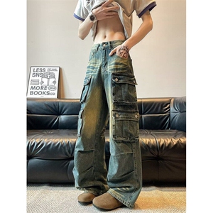 工装牛仔裤男女韩版潮流高街多口袋2025夏季ins长裤RK2686-P70图片