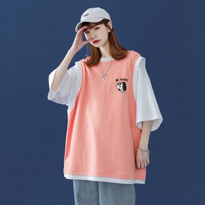 中性 2023夏季新款潮流印花圆领宽松假两件短袖T恤 T507 P35控48图片