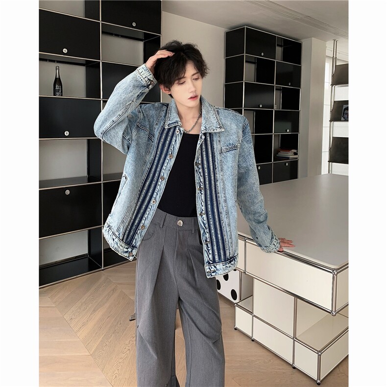 美式复古条纹拼接三杠牛仔外套JK8941P75,男装工装外套,星座1116-2