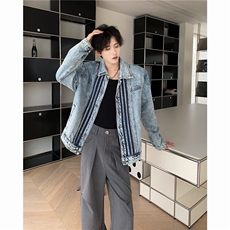 美式复古条纹拼接三杠牛仔外套JK8941P75，男装工装外套，星座1116-2