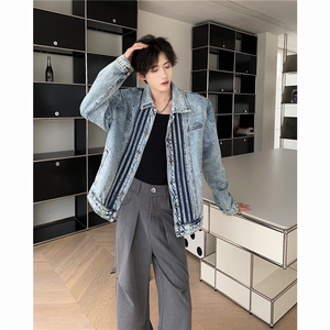 美式复古条纹拼接三杠牛仔外套 JK8941 P75图片