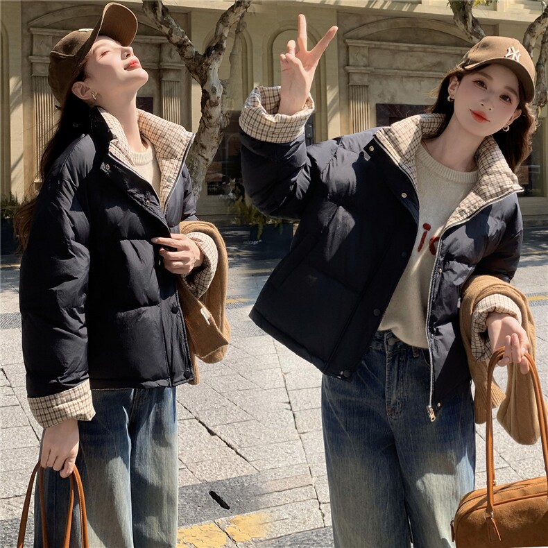 现货新款韩版宽松立领撞色格子袖口羽绒服短款外套百搭洋气,女装羽绒服,韩然一族