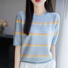 夏季新款时尚气质短袖针织衫女修身显瘦百搭休闲上衣，女装针织衫/毛衣，郡淞羊绒