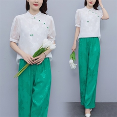 芷墨新款复古新中式简约日常改良汉服盘扣上衣裤子俩件套套装女装，女装套装/套裙，芷墨服饰