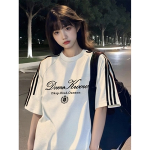 抖音得物高品质二开240克宽松纯棉美式潮牌三条杠织带短袖T恤图片