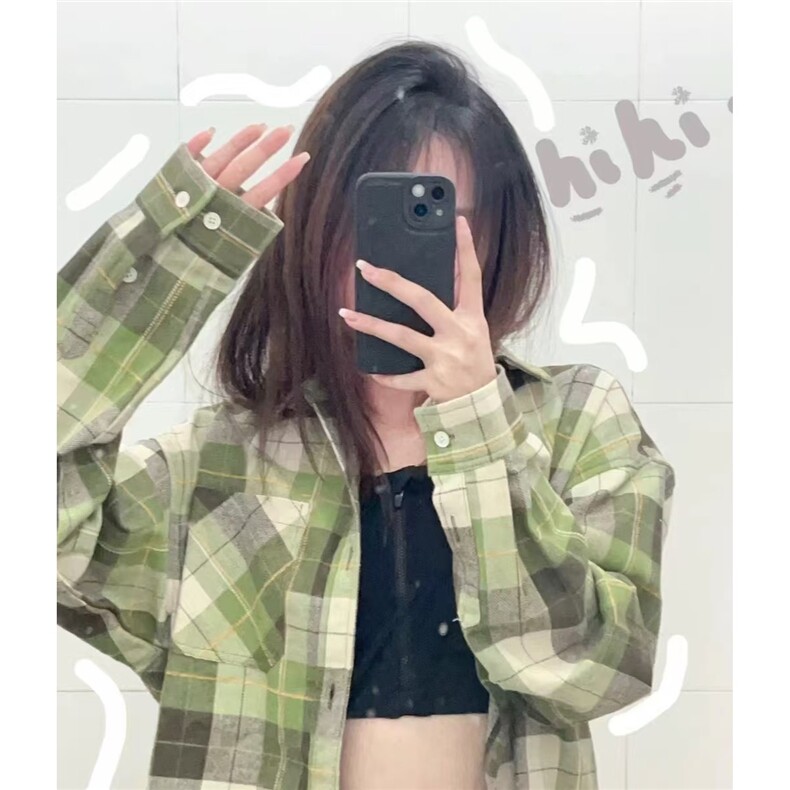 新款日系复古格子长袖衬衫女宽松设计感别致漂亮洋气衬衣CSA100图片