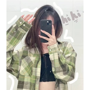 新款日系复古格子长袖衬衫女宽松设计感别致漂亮洋气衬衣CSA100图片