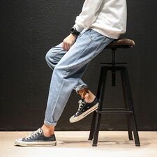 2021春秋季新日系布标装饰宽松复古风大码牛仔男九分裤K069-P40，男装牛仔裤，电商A001
