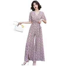 2023年夏季时尚休闲两件套腰间系带花色喇叭裤套装，女装套装/套裙，韩蜜菓