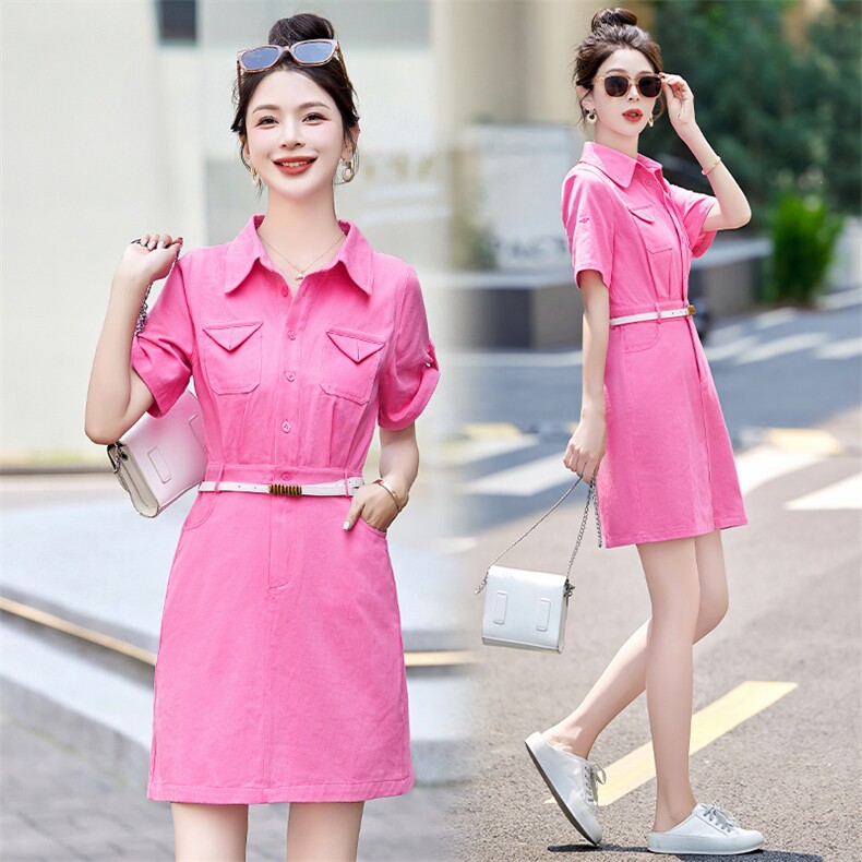 高级感粉色休闲工装衬衫裙女2024夏季新款时尚气质显瘦高腰连衣裙，女装连衣裙，艾仟回(原伊仟回)