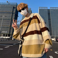 冬季新款撞色条纹水貂绒加厚毛衣男潮牌外穿圆领长袖卫衣，男装针织衫/毛衣，星座410-7
