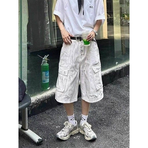 街头白色做旧工装水洗牛仔短裤男女夏款小众多口袋宽松直筒七分裤图片