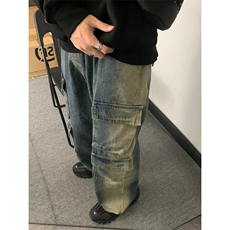 B221美式ins高街重工艺宽松做旧工装牛仔裤子LK23143-P80控108，男装牛仔裤，电商B221