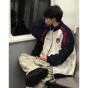 美式复古卫衣外套男女秋冬季拼接卫衣开衫宽松情侣上衣 W012图片