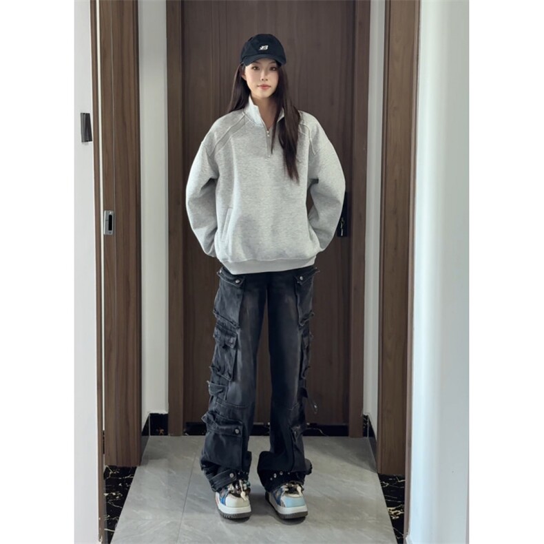美式复古半拉链套头卫衣男女秋季宽松情侣百搭休闲上衣特P48,男装卫衣,电商C306-1