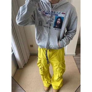 秋新款美式复古潮牌印花开衫卫衣男女宽松连帽街头潮流卫衣外套图片