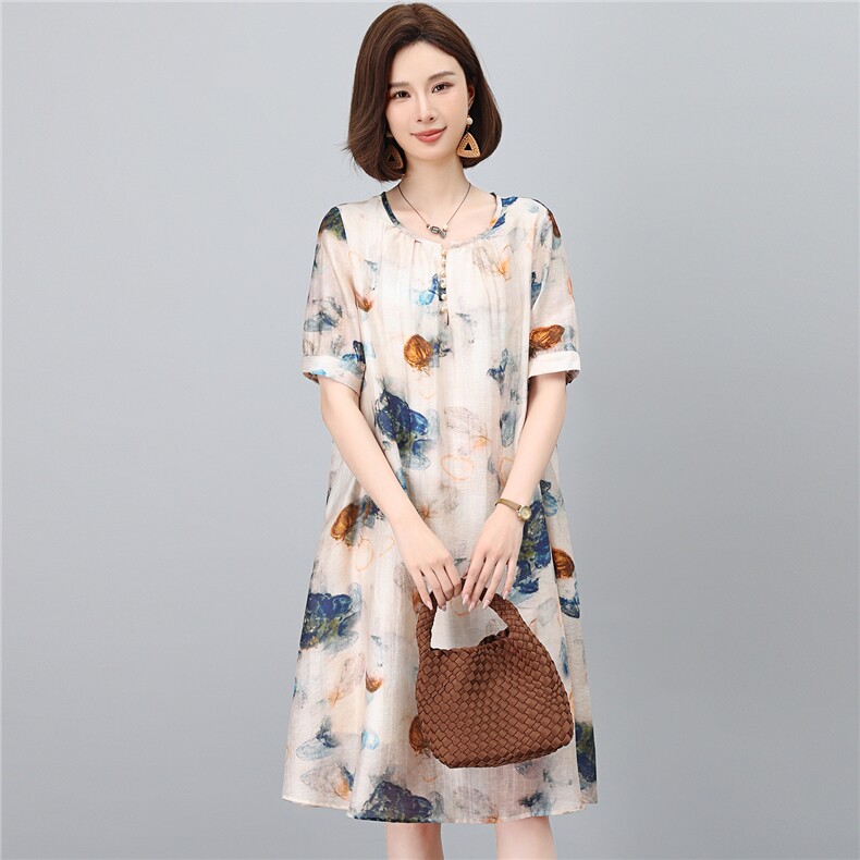 2026时尚中年妈妈休闲直筒莱赛尔天丝麻连衣裙,女装连衣裙,独衣靓