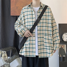 秋季港风格子衬衫男士宽松休闲外套男潮牌学生长袖衬衣H211/P45，男装衬衫，钱塘713