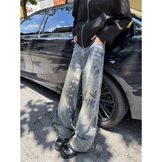 美式vintage涂鸦牛仔裤男潮牌水洗宽松阔腿裤春秋季痞帅休闲长裤，男装牛仔裤，星座601-1