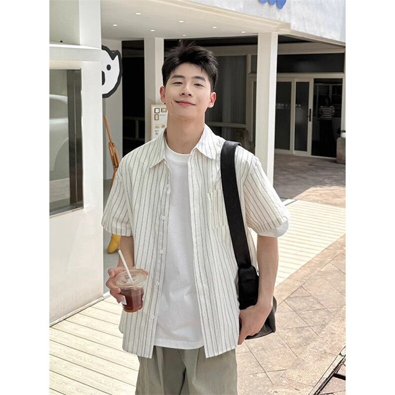 网图少年感穿搭条纹短袖衬衫男款夏季宽松慵懒风衬衣外套925P45,男装T恤,星座710