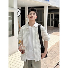网图少年感穿搭条纹短袖衬衫男款夏季宽松慵懒风衬衣外套925P45，男装T恤，星座710