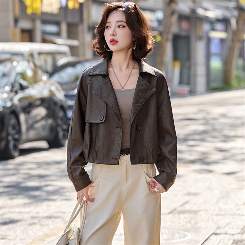 2026春装新款简约时髦风尚短款皮衣外套,女装皮衣,魅丽静蓝