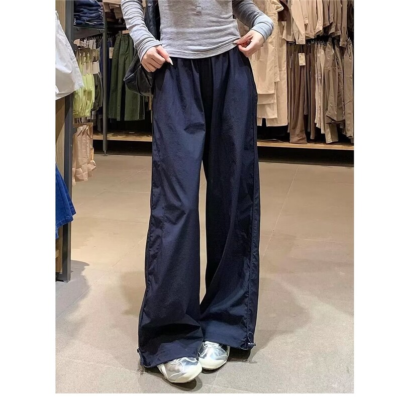 藏蓝色美式运动工装长裤女夏季新款百搭宽松慵懒休闲直筒阔腿裤子,女装休闲裤,星座1210-1