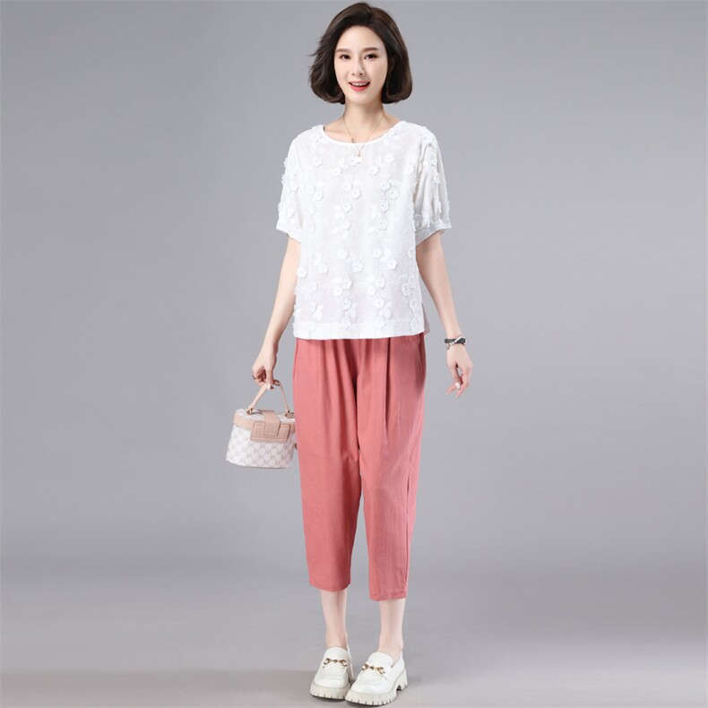 时尚套装女2023夏装新款立体绣红T恤休闲七分裤气质两件套,女装套装/套裙,奕阳依阁