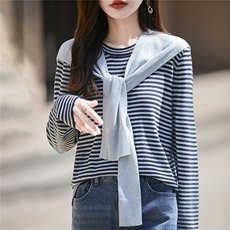 两件套披肩条纹针织衫女宽松休闲圆领毛衣外穿洋气百搭上衣秋冬新，披肩，圣丽羊绒