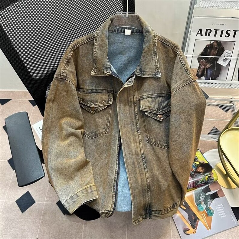 潮牌做旧牛仔夹克男女春秋季美式vintage外套高级感上衣~WT4274,男装夹克,星座601-2
