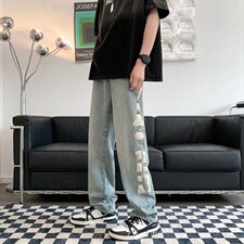 阔腿牛仔裤男ins潮牌夏季复古坠感直筒拖地裤宽松老爹裤N0918-P49，男装牛仔裤，星座1008-1