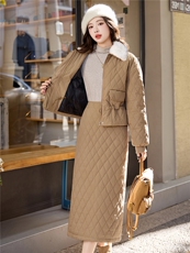 菱格羽绒服套装女秋冬高级感2025新款保暖带毛领套装裙两件套，女装套装/套裙，流量+