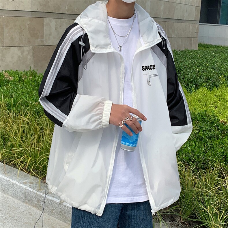 港风夏季潮流宽松撞色连帽外套防晒服男F6601P55控68,男装防晒衣,电商A268A