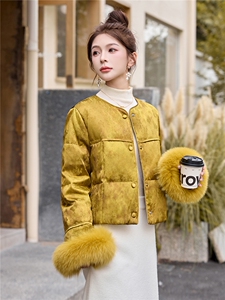 新中式风狐狸毛短款羽绒服女高端小个子保暖外套黄色图片