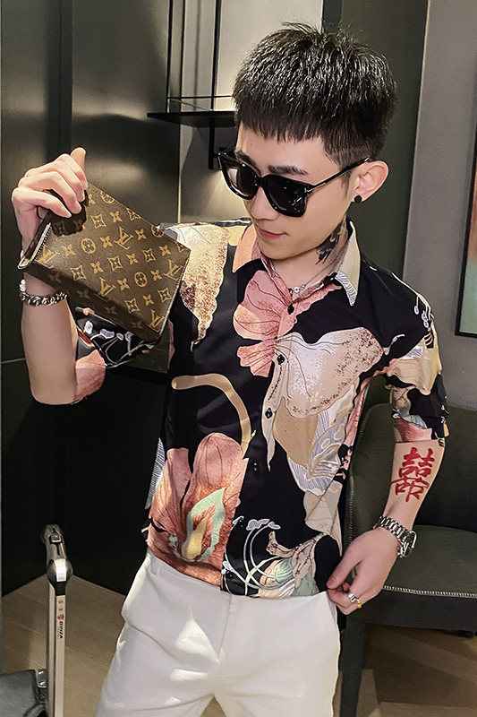 312A-105-P55新款社会小伙中袖衬衫韩版潮流男士五分袖衬衣B,男装T恤,星座312A-5