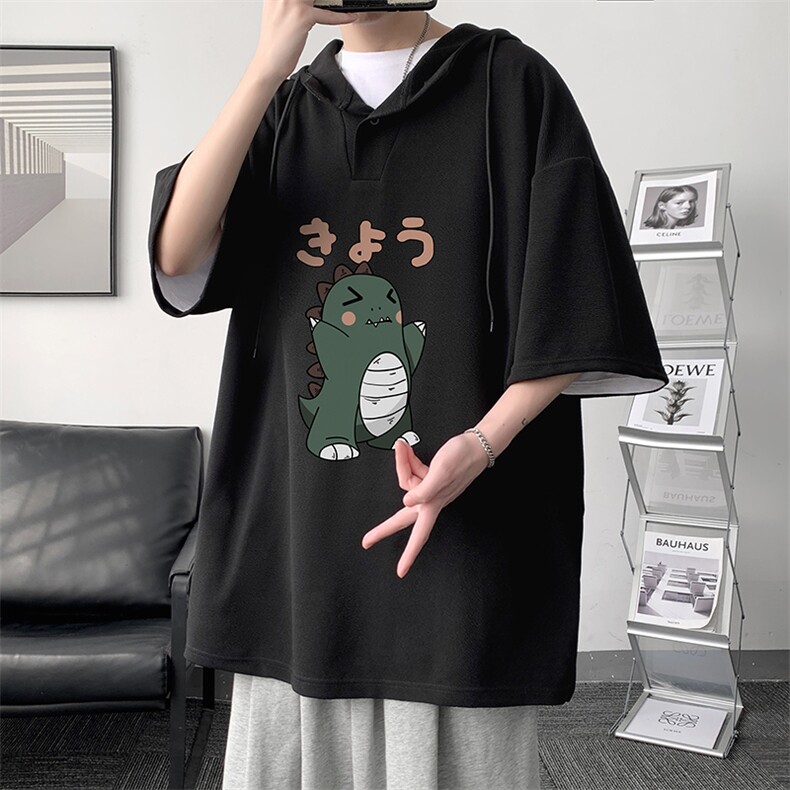 LD54037-P45 连帽短袖t恤男大码胖子带帽五分袖中袖 大皂风图片