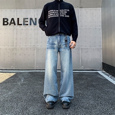 1506/QB1410/P49闪电纹冰蓝微喇情侣裤子cleanfit修身显瘦直筒裤，男装休闲裤，星座1506